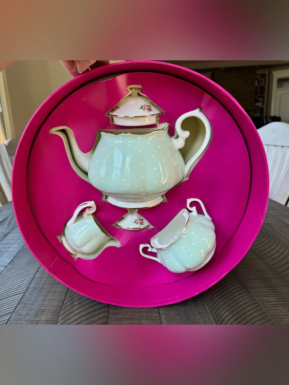 Vintage Royal Albert Polka Rose Mint Green 3-Piece Porcelain Tea Set (NIB)
